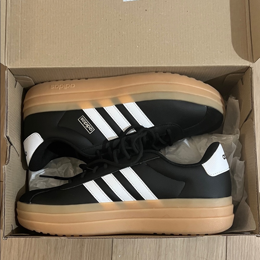 Adidas Black and White Athletic Shoes with Tan Sole